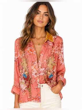 Aratta Gardenia Embroidered Blouse Velvet Collar Pink Small NWT